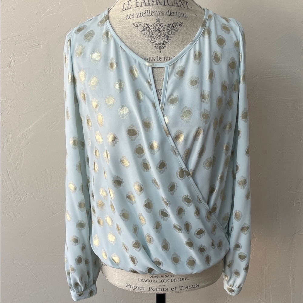 4/$20 Gold Dot Light Blue Faux Wrap Blouse